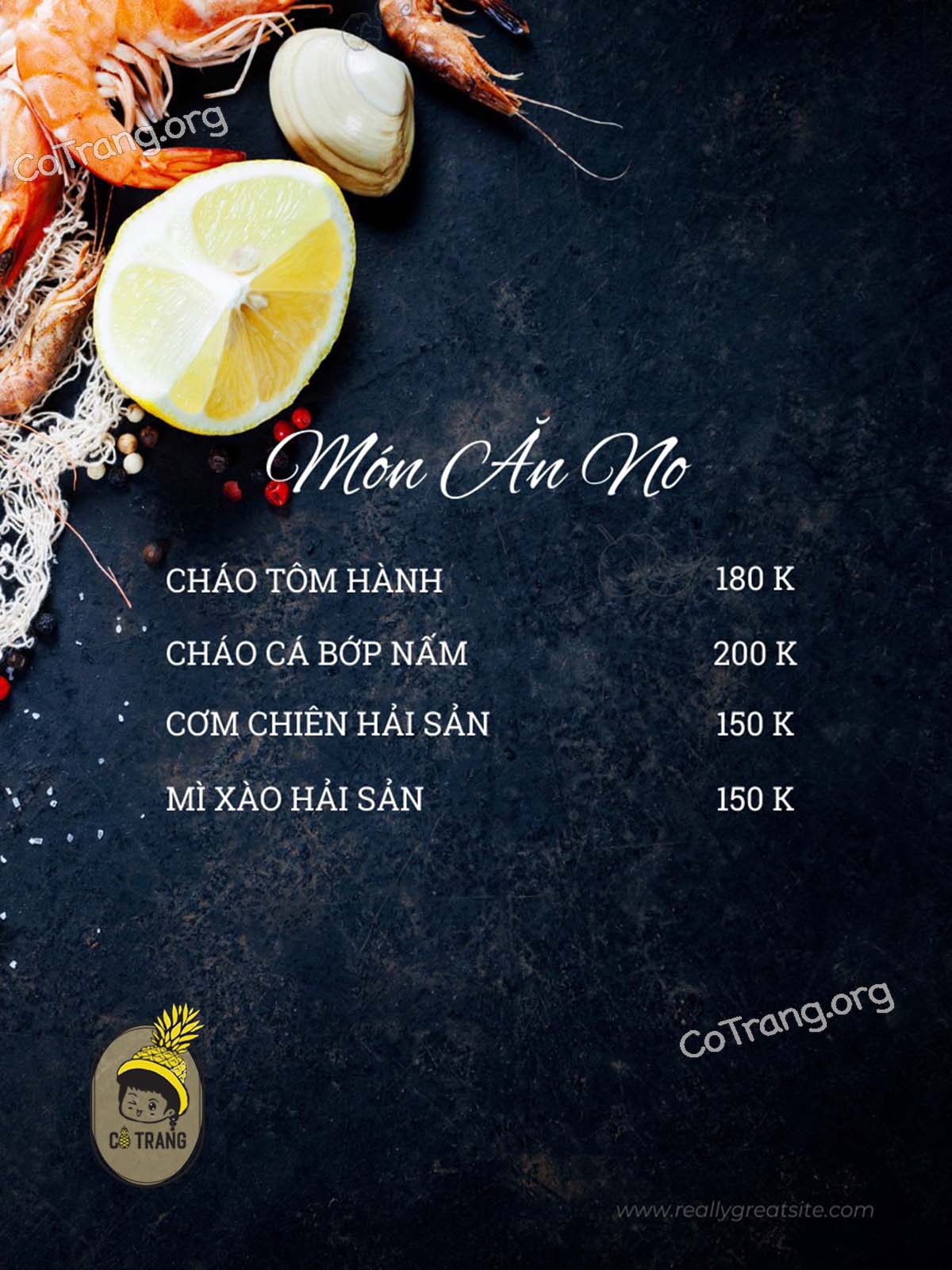 Menu tại Lá Cọ Beach Đồng Hới
