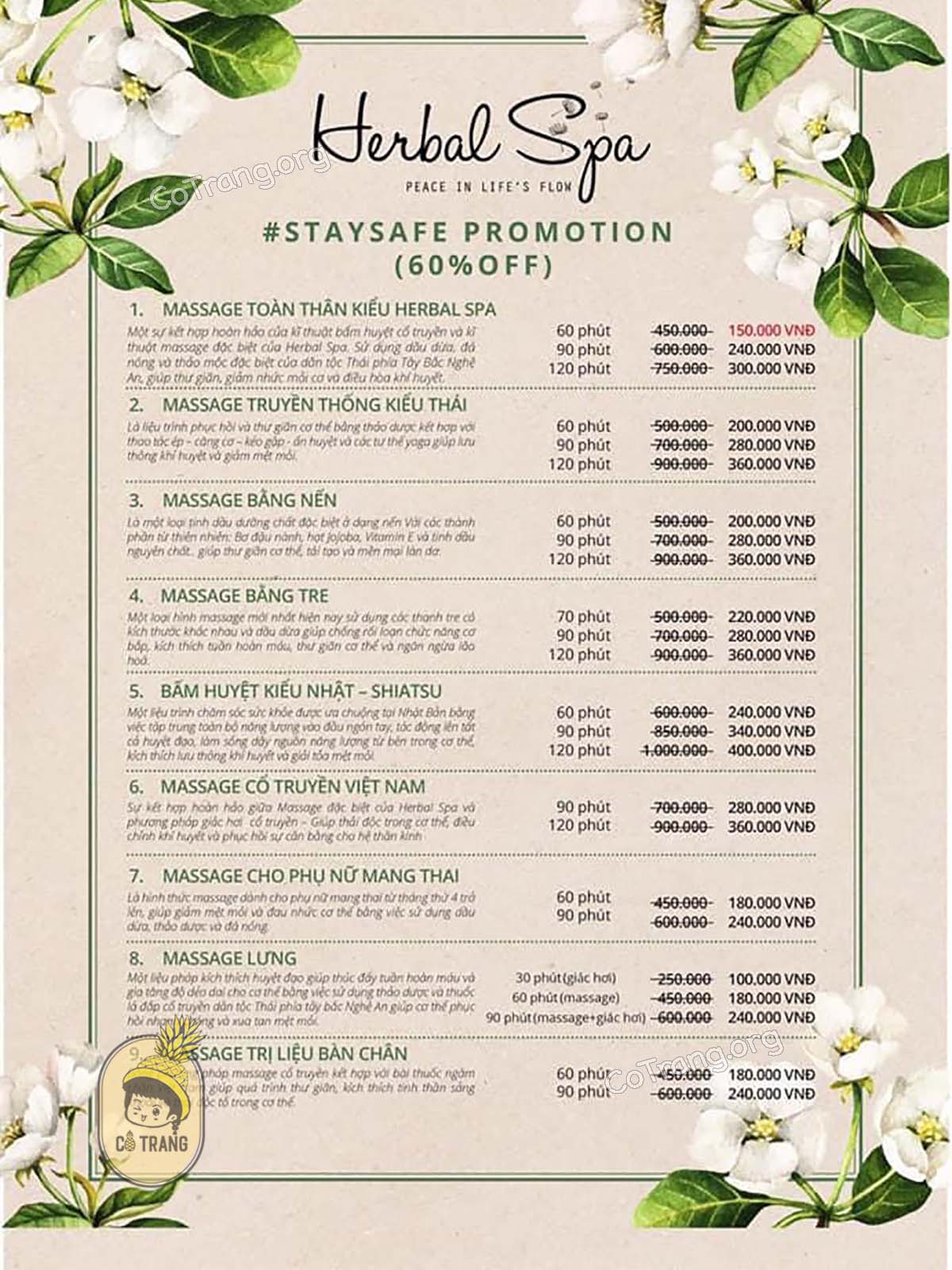 Bảng giá tại Herbal Spa Đà Nẵng