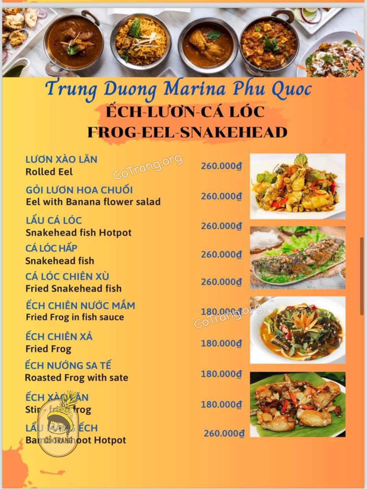 Menu thức ăn tại Trùng Dương Marina