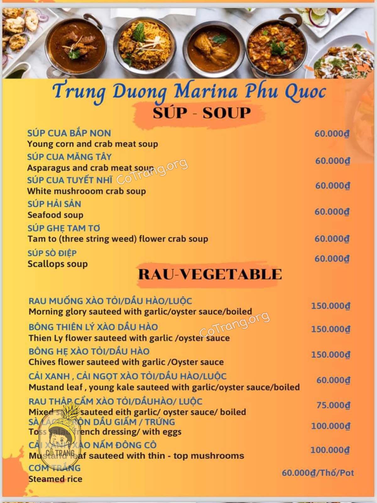 Menu thức ăn tại Trùng Dương Marina