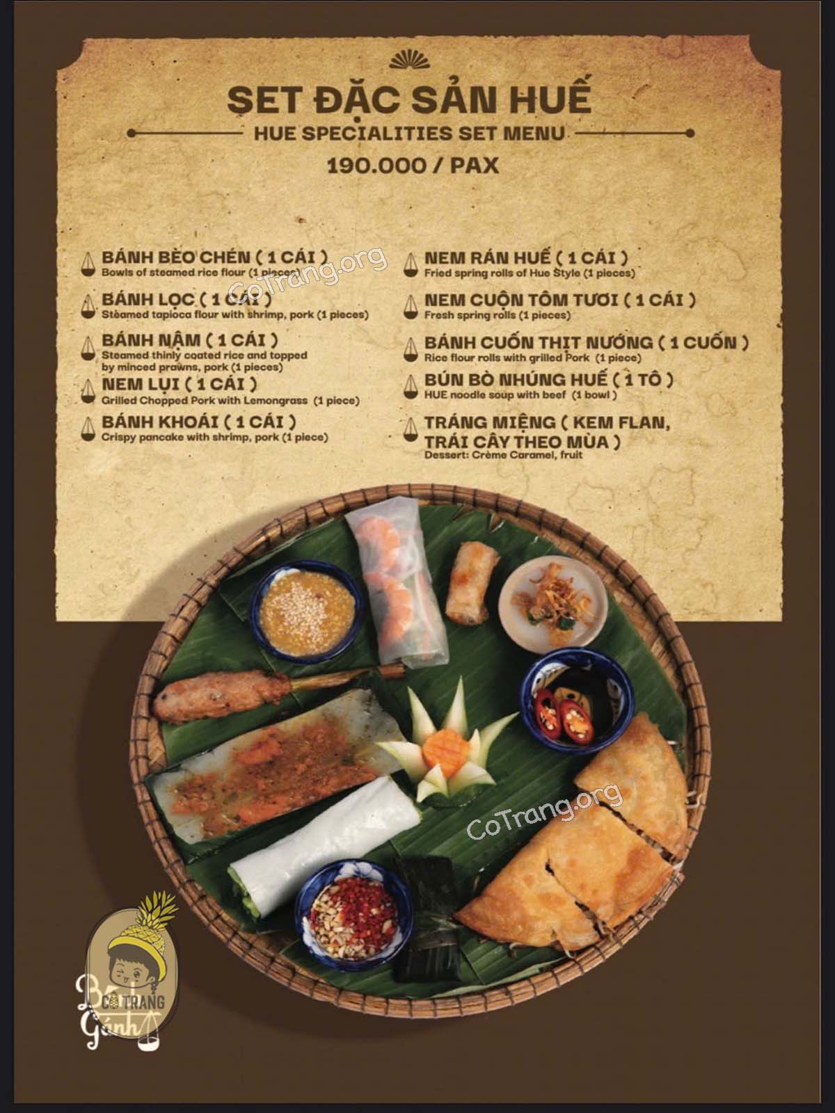 Menu thức ăn tại Nhà Hàng Bánh Gánh Huế