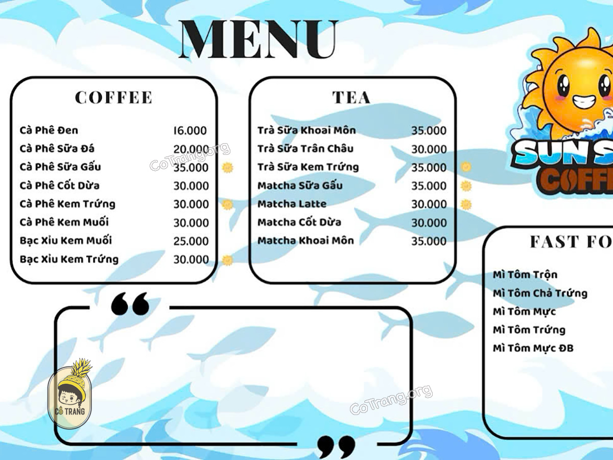Menu đồ uống tại  Sun Sea Coffee Quảng Ngãi