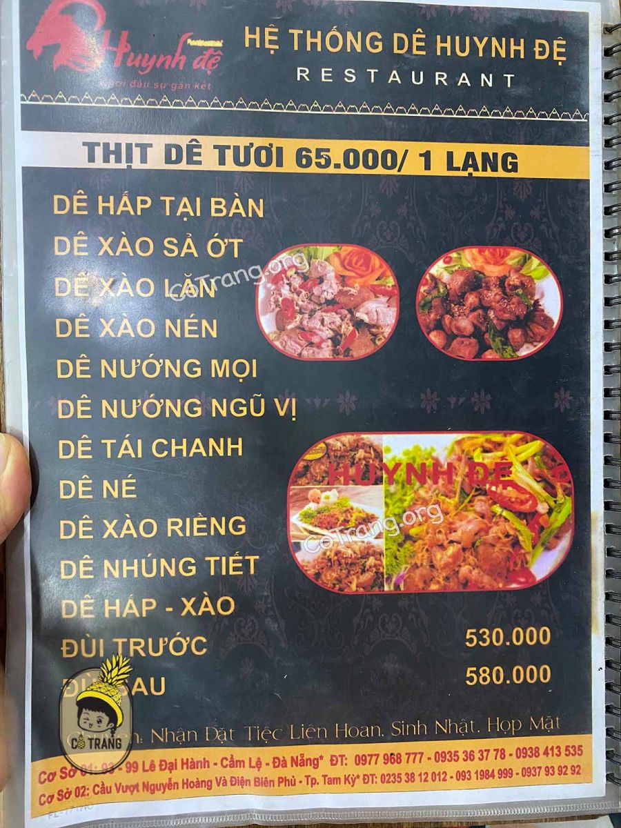 menu Dê Huynh Đệ Đà Nẵng - 99 Lê Đại Hành 